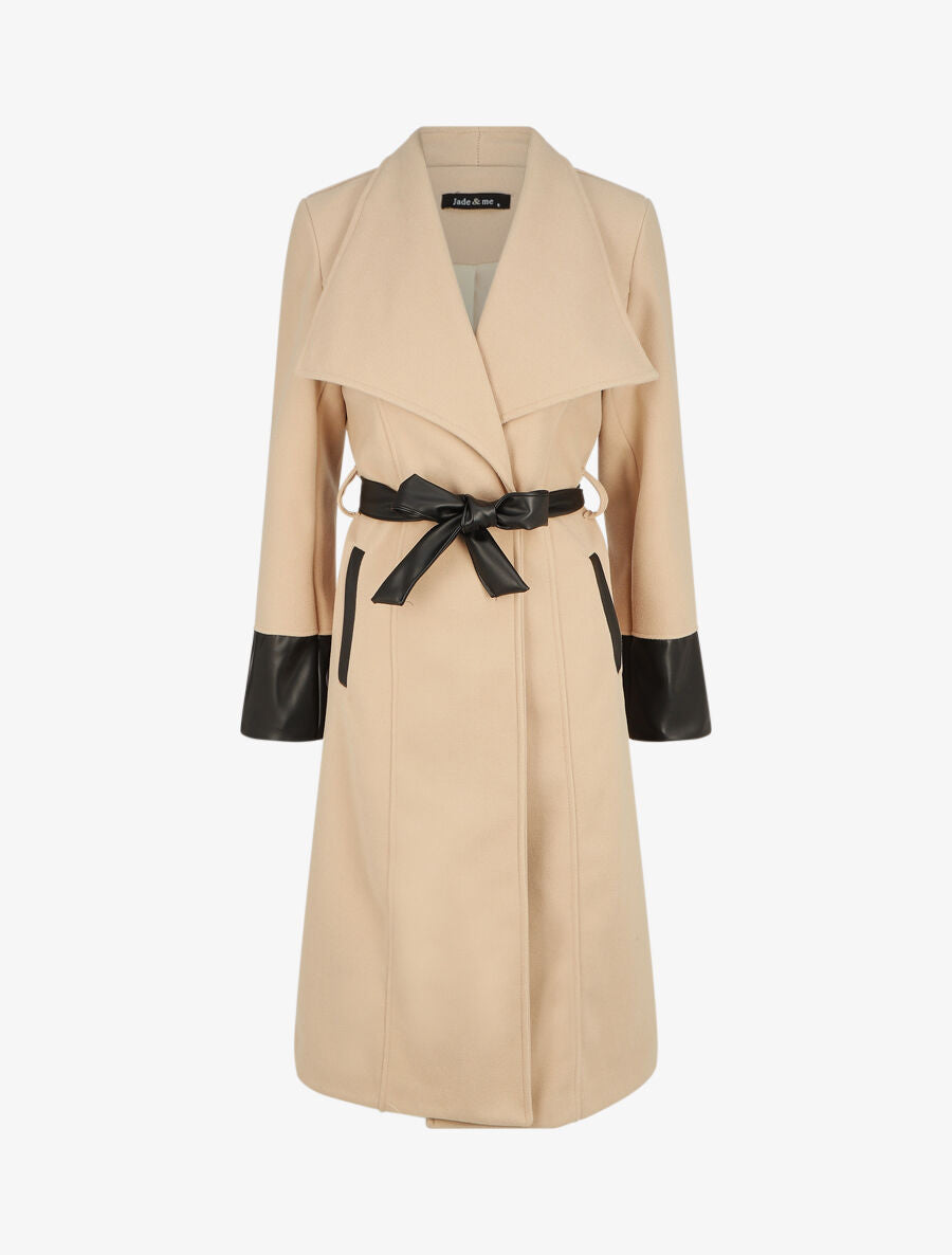 Manteau uni à manches en simili - Beige - 1