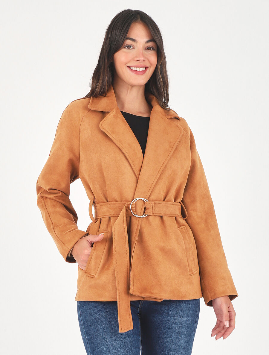 Veste droite en suédine ceinturée - Camel - 4