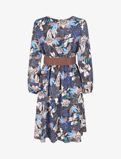 Robe évasée imprimé tropical - Marine - 2