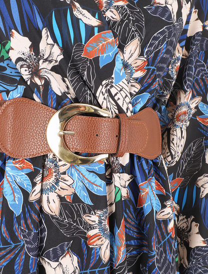 Robe évasée imprimé tropical - Marine - 3