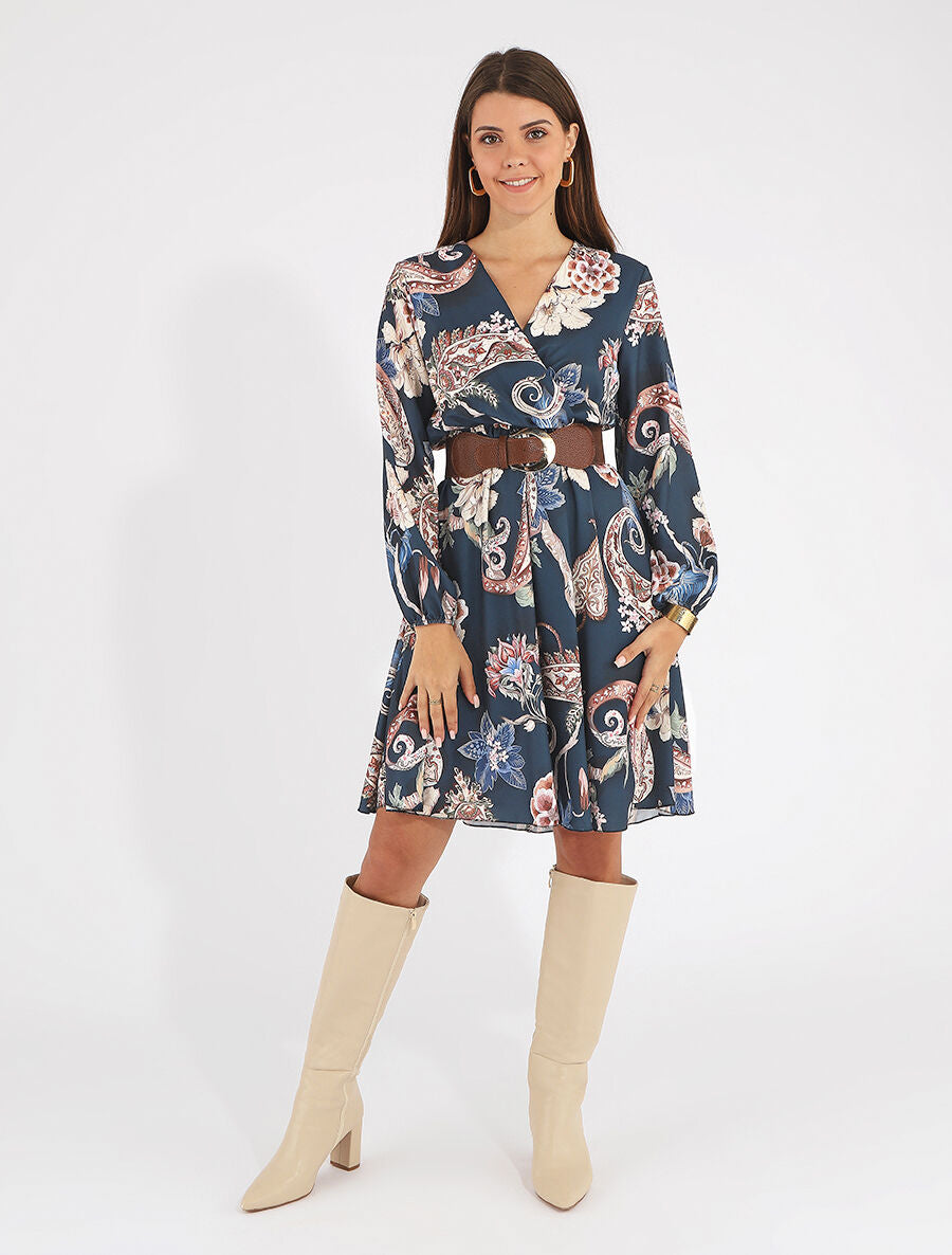 Robe évasée imprimé fleuri - Marine - 4