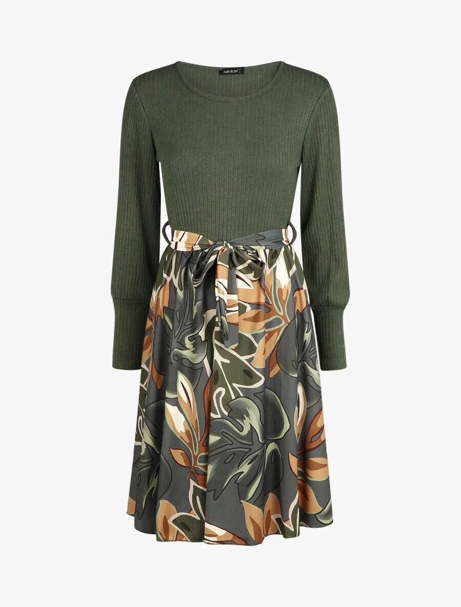 Robe fluide bi-matière imprimé fleuri - Vert - 4