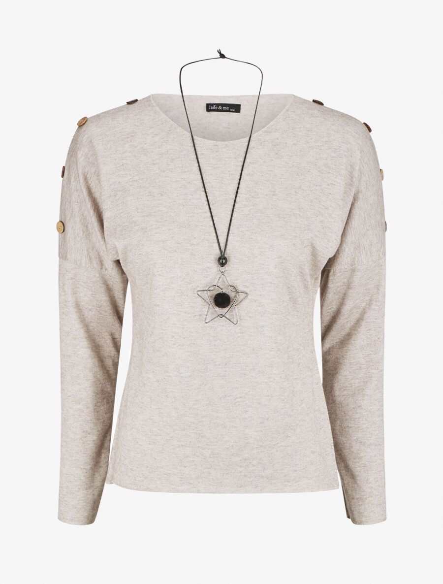 Pull droit uni à boutons - Beige - 4