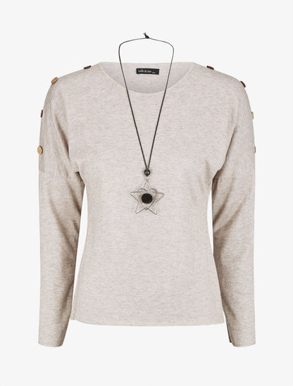 Pull droit uni à boutons - Beige - 4