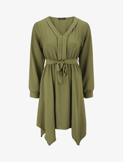 Robe unie élastiquée à bas asymétrique - Kaki - 1