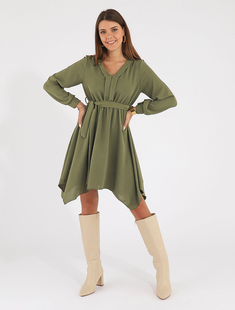 Robe unie élastiquée à bas asymétrique - Kaki - 4