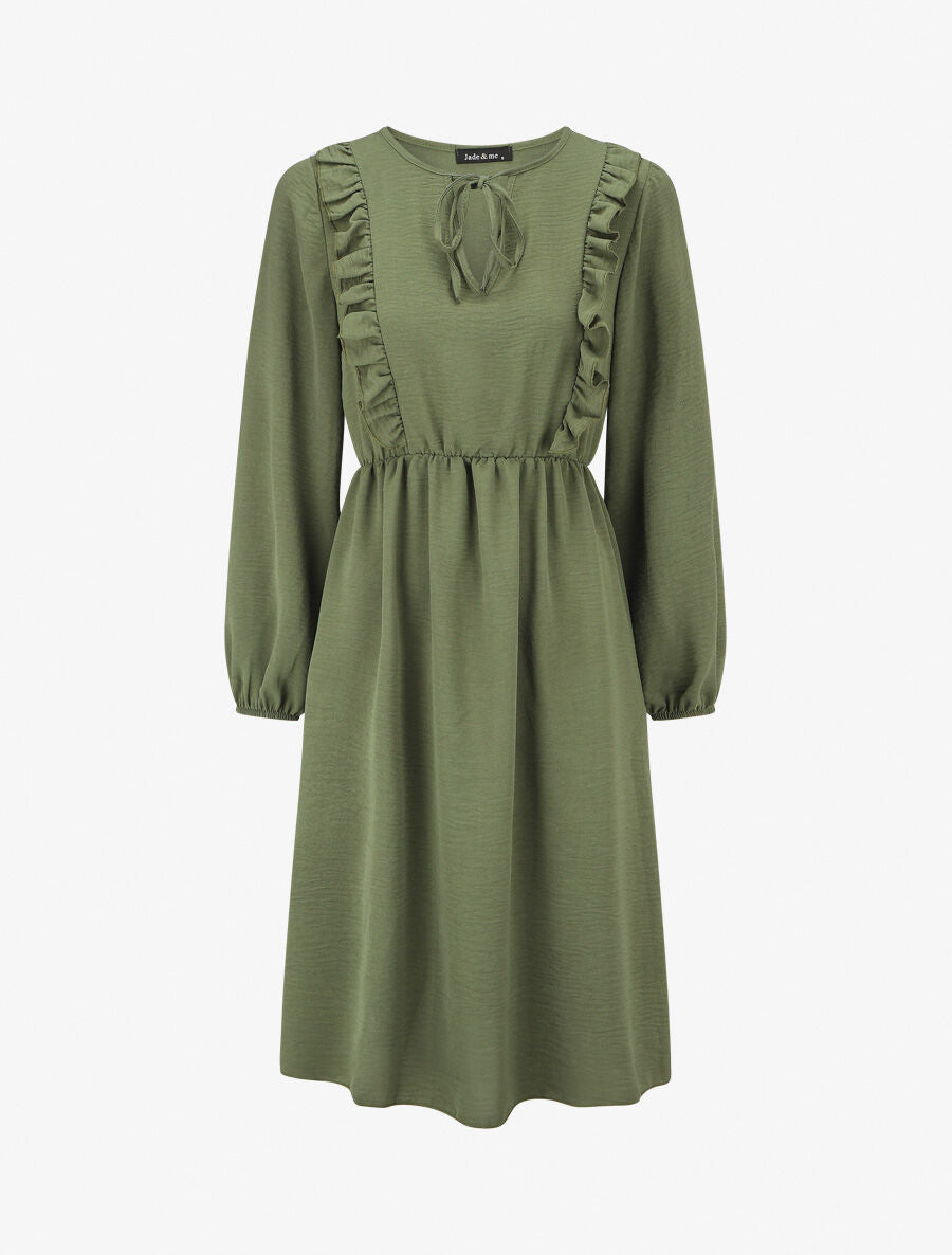 Robe uni à col en V décolleté - Kaki - 1