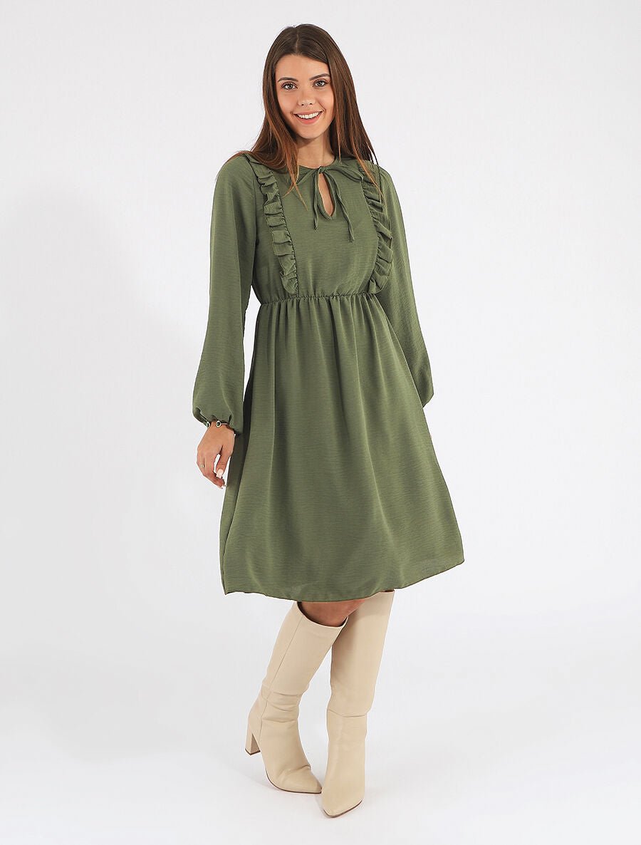 Robe uni à col en V décolleté - Kaki - 4