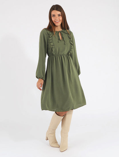 Robe uni à col en V décolleté - Kaki - 4