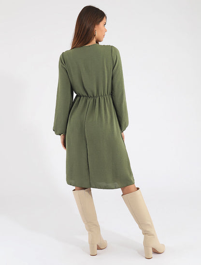Robe uni à col en V décolleté - Kaki - 5