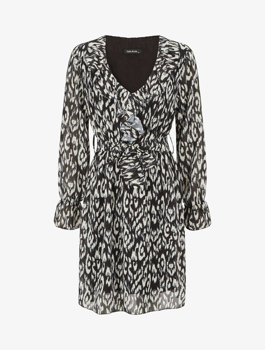 Robe imprimé à col volanté - Noir - 1