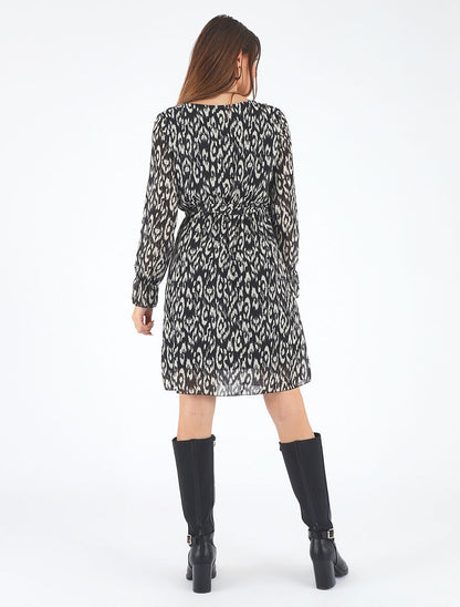 Robe imprimé à col volanté - Noir - 5