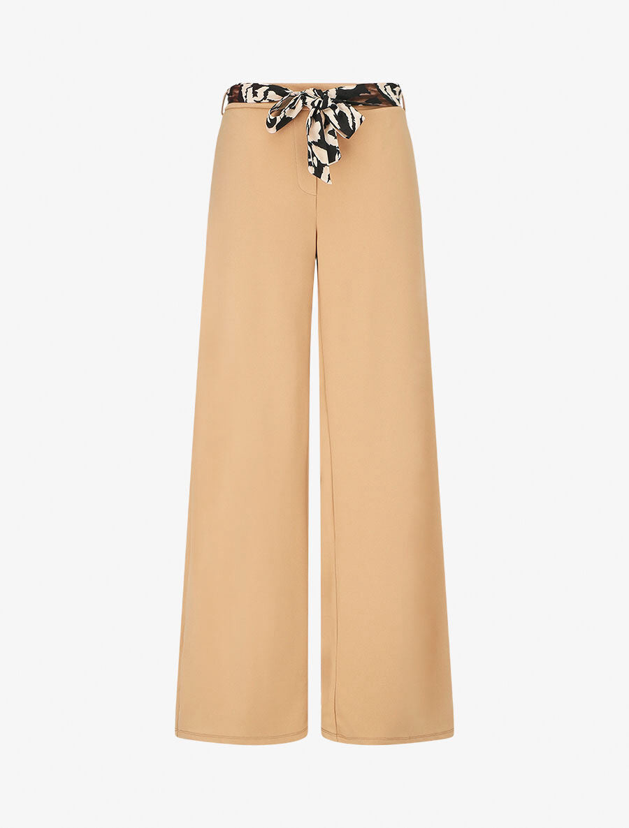 Pantalon ample taille haute ceinture fantaisie - Beige - 4