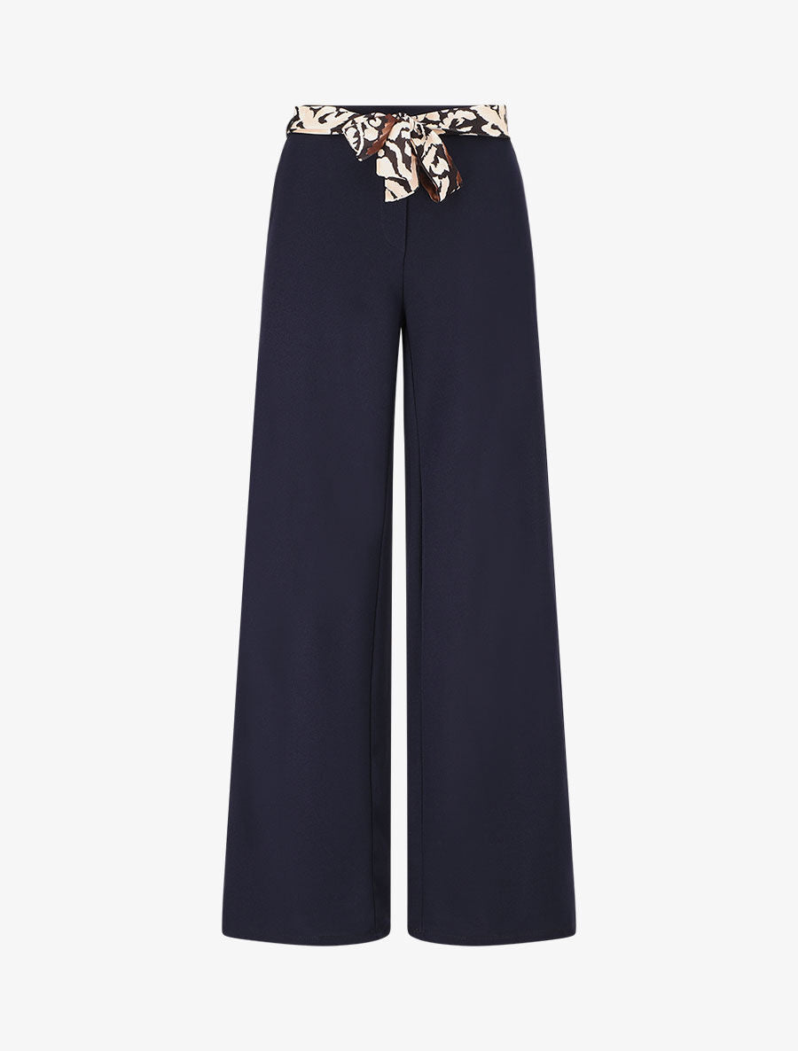 Pantalon ample taille haute ceinture fantaisie - Marine - 4