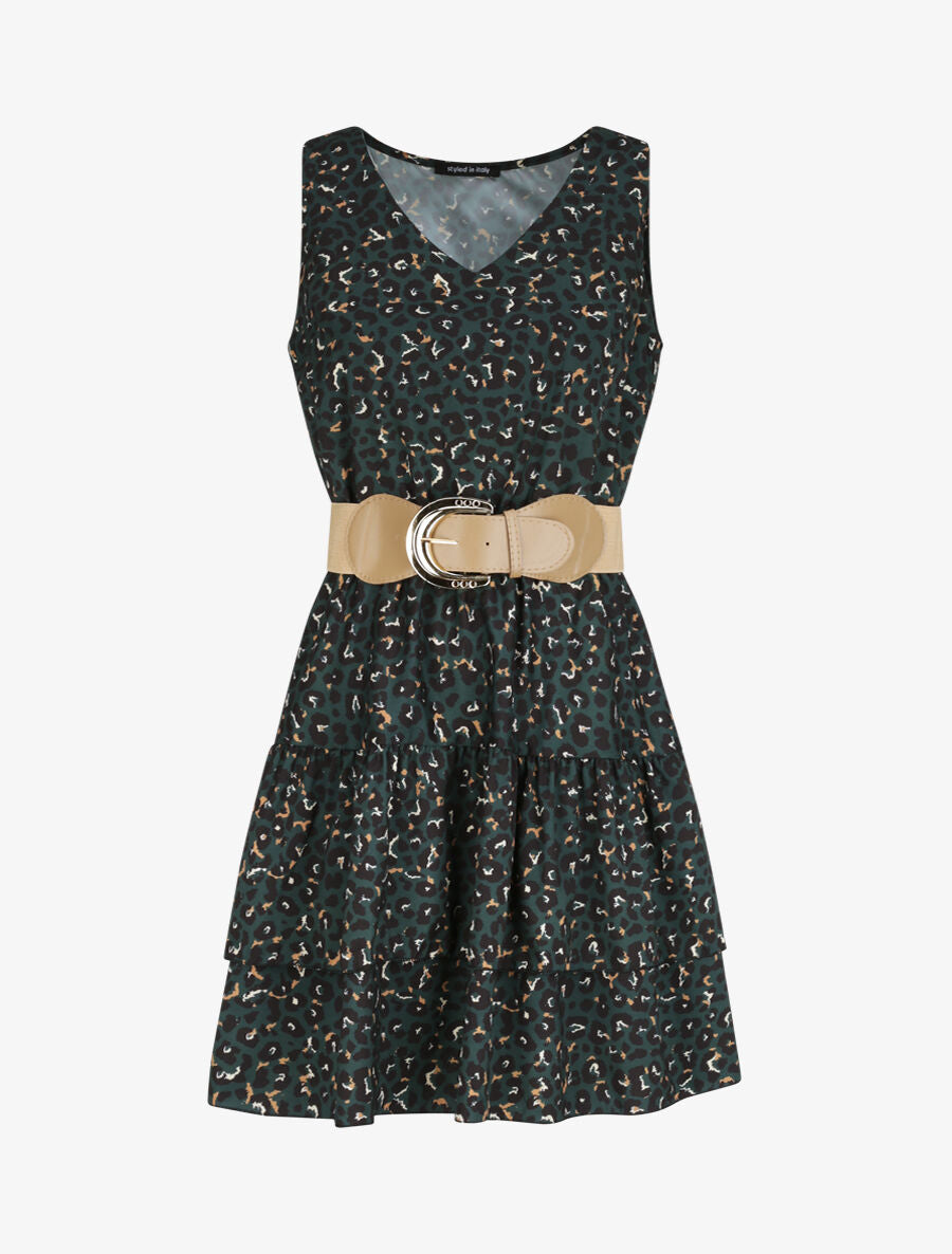 Robe patineuse courte à volants imprimé léopard - Vert foncé - 5