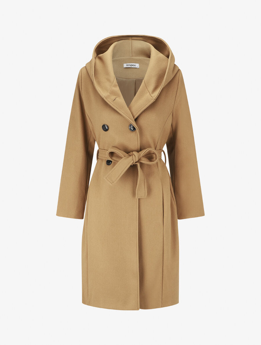 Manteau long ceinturé à capuche - Camel - 1