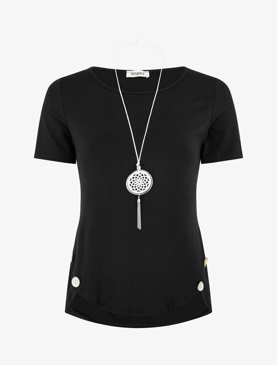 T-shirt à boutons décoratifs - Noir - 1