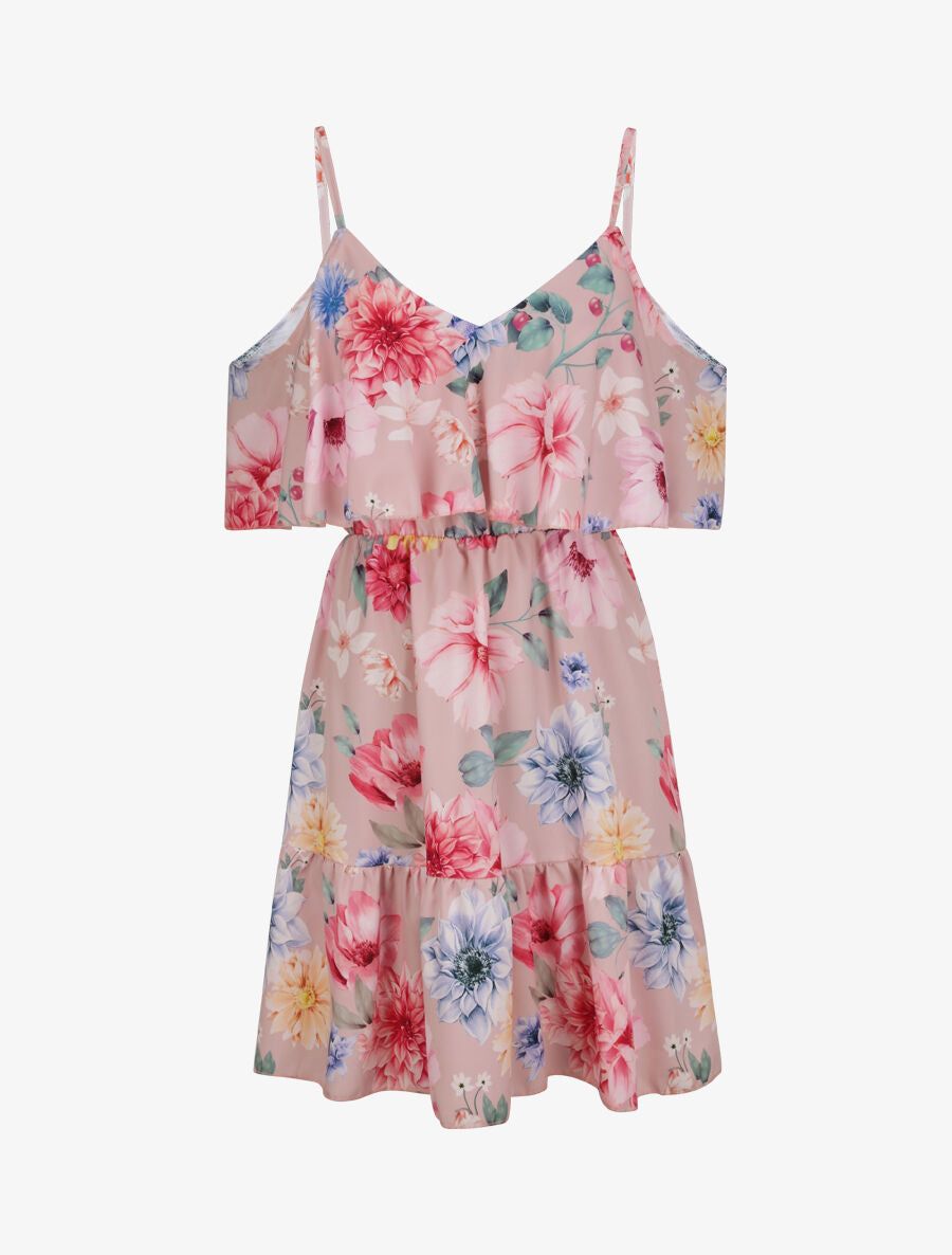 Robe à buste à basque imprimé à grandes fleurs sauvages - Rose - 1
