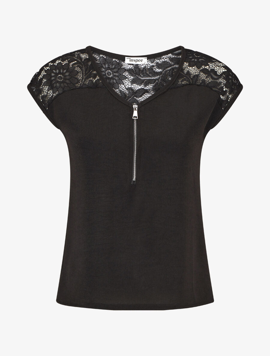 Top uni à zip et dentelle - Noir - 1