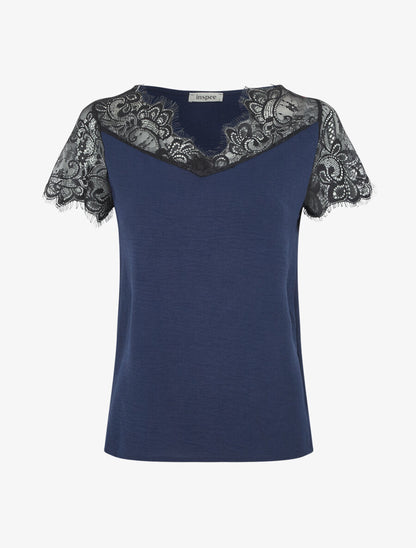 Top fluide à col et manches en dentelle - Bleu nuit - 1