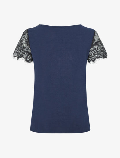 Top fluide à col et manches en dentelle - Bleu nuit - 2