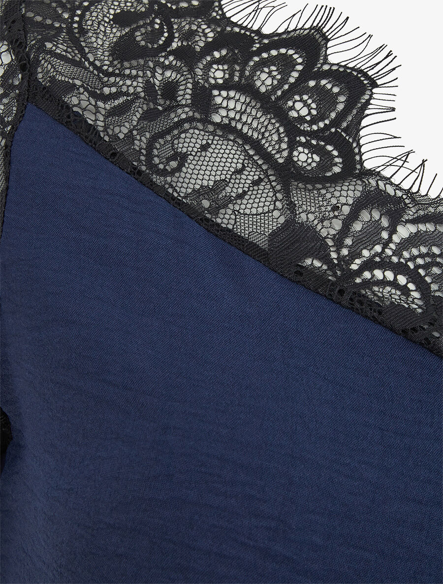 Top fluide à col et manches en dentelle - Bleu nuit - 3