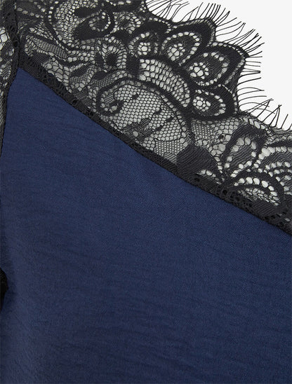 Top fluide à col et manches en dentelle - Bleu nuit - 3