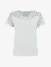 Top fluide à col et manches en dentelle - Blanc - 1