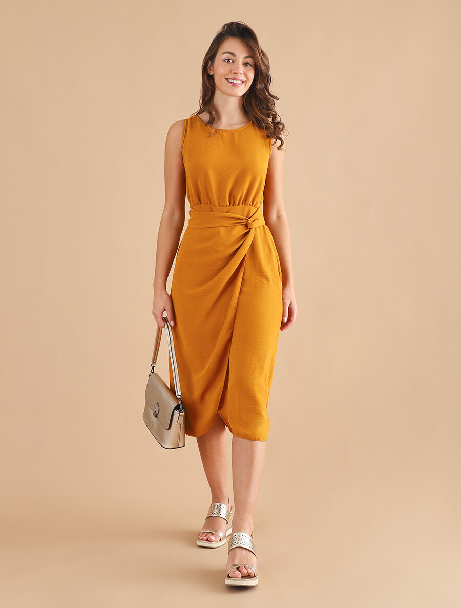 Robe unie sans manches style portefeuille - Jaune moutarde - 4