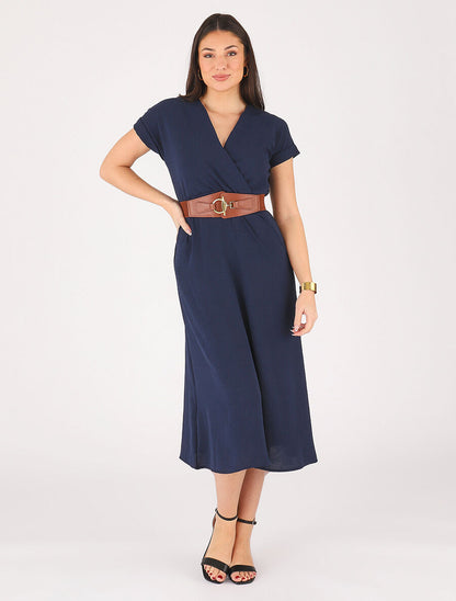 Robe longue unie cache-coeur - Marine - 4