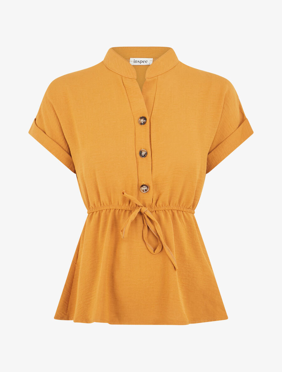 Top uni élastiqué et col boutonné - Jaune moutarde - 4