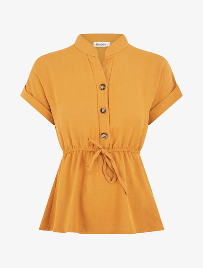 Top uni élastiqué et col boutonné - Jaune moutarde - 4