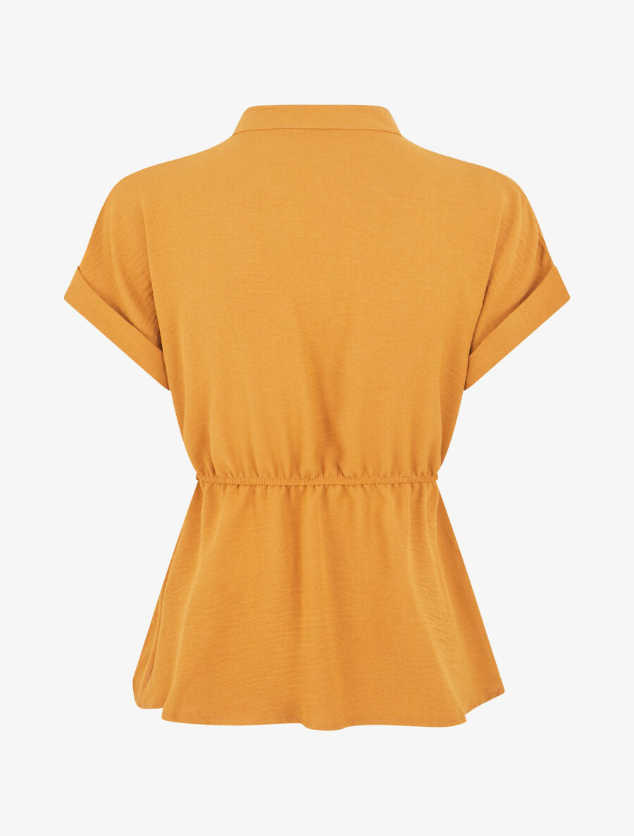 Top uni élastiqué et col boutonné - Jaune moutarde - 2