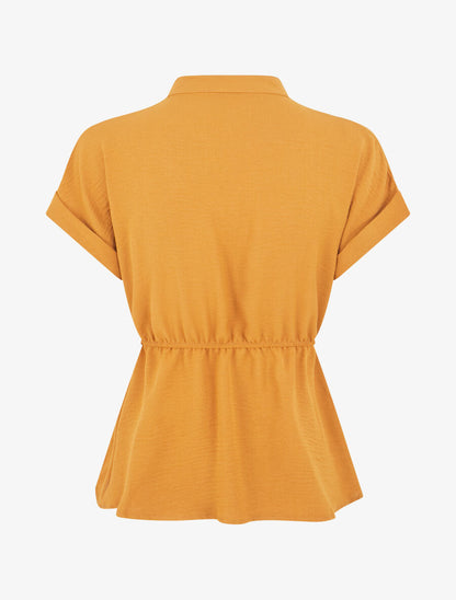 Top uni élastiqué et col boutonné - Jaune moutarde - 2