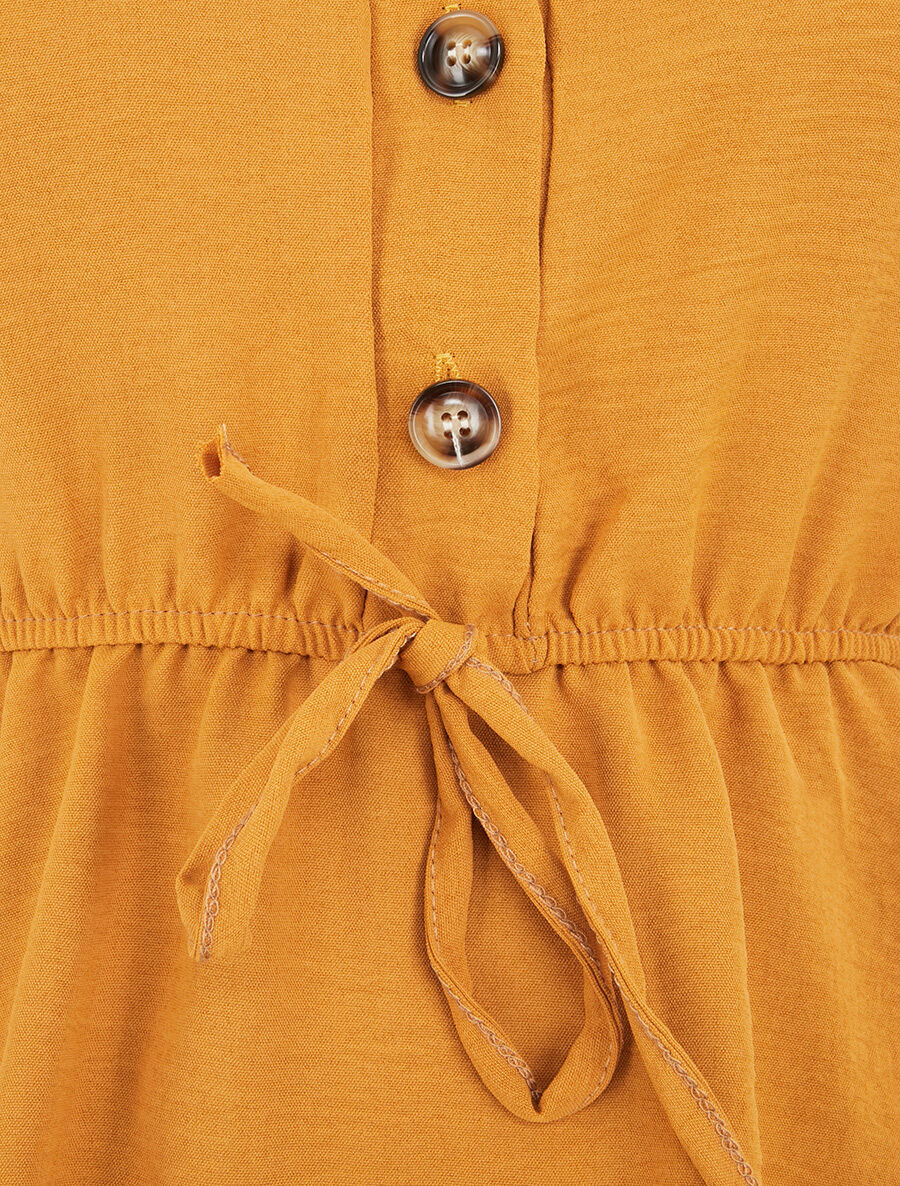 Top uni élastiqué et col boutonné - Jaune moutarde - 3