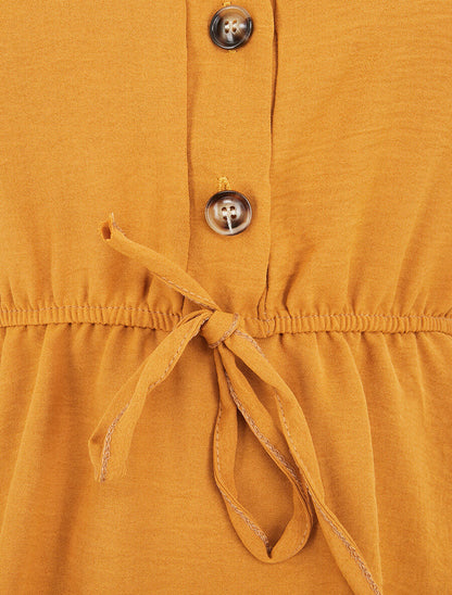 Top uni élastiqué et col boutonné - Jaune moutarde - 3
