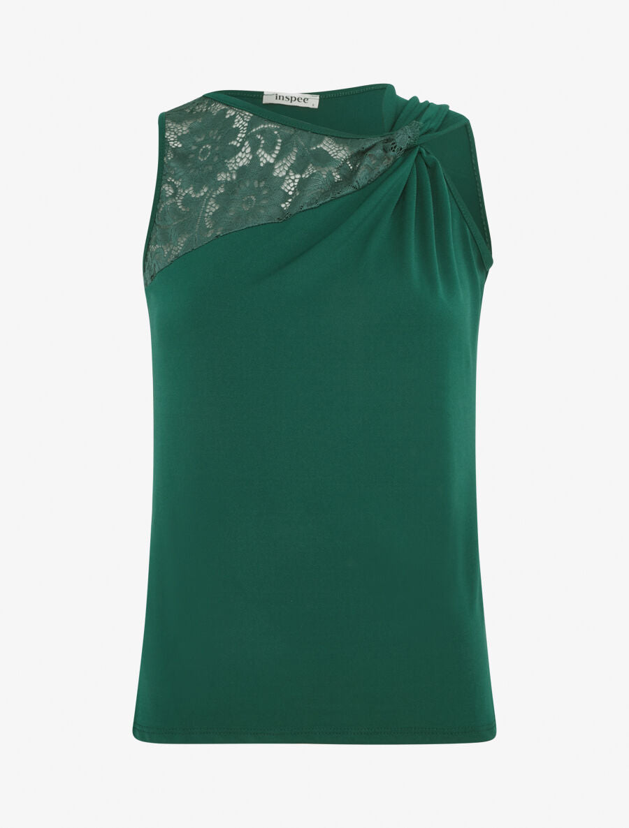 Top uni sans manches à détail dentelle - Vert sapin - 4