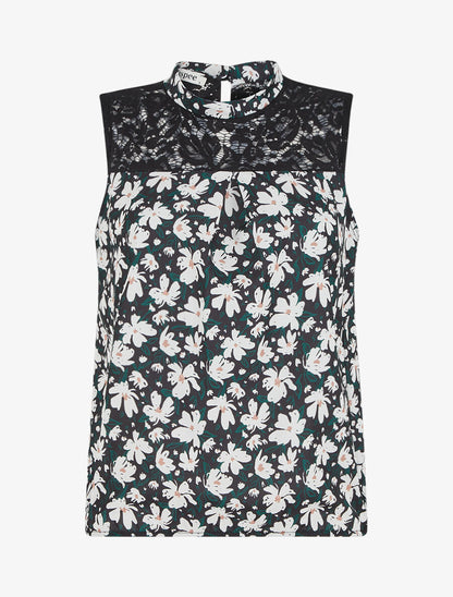 Top imprimé floral à détail dentelle - Noir - 1