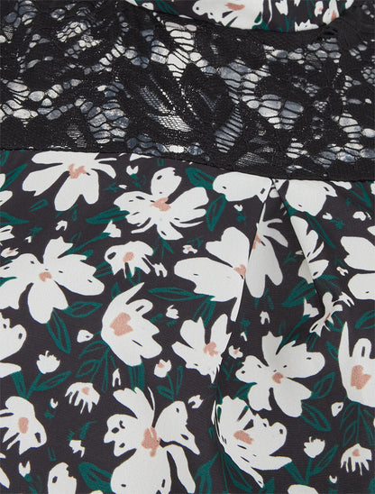 Top imprimé floral à détail dentelle - Noir - 3