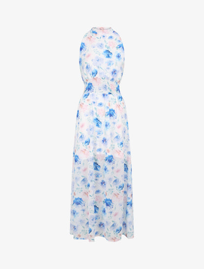 Robe longue en voile imprimé pivoines - Bleu - 1