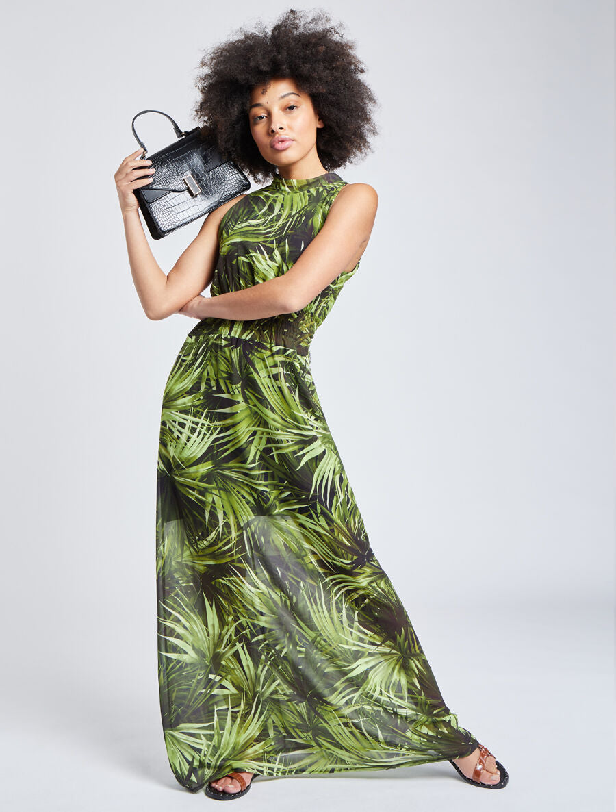 Robe longue en voile imprimé feuillages - Noir - 4