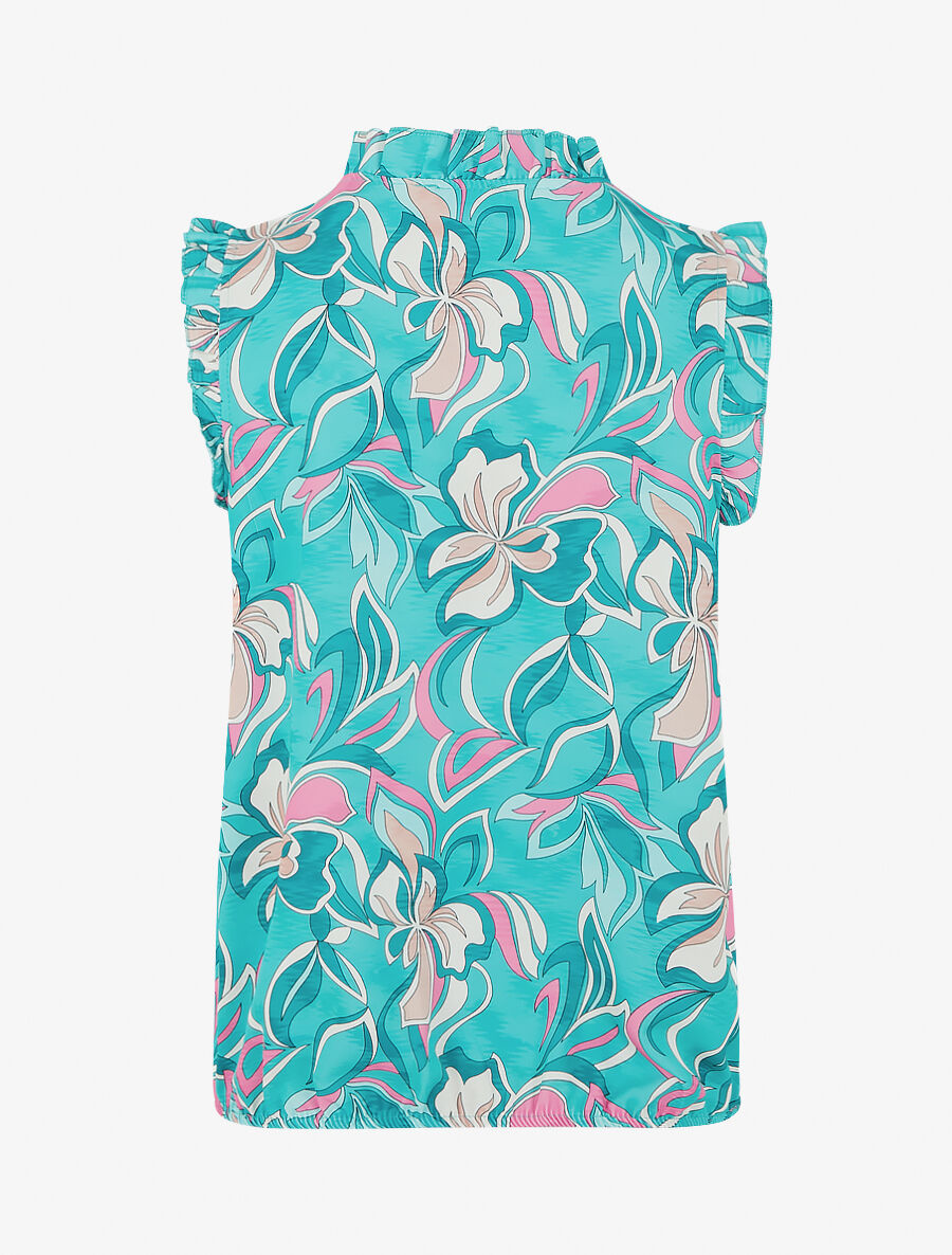 Top satiné sans manches motif fleuri et volants - Turquoise - 2