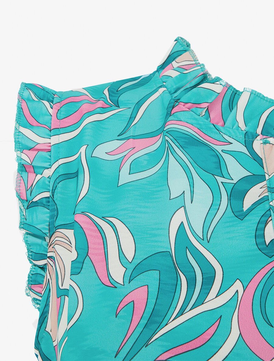 Top satiné sans manches motif fleuri et volants - Turquoise - 3