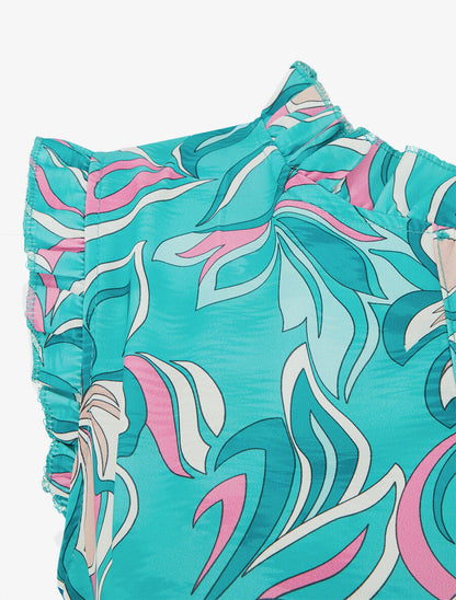 Top satiné sans manches motif fleuri et volants - Turquoise - 3