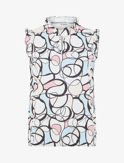 Top satiné sans manches motif abstrait et volants - Blanc - 1