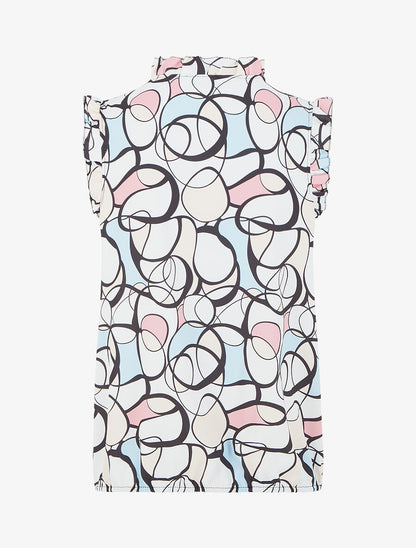 Top satiné sans manches motif abstrait et volants - Blanc - 2