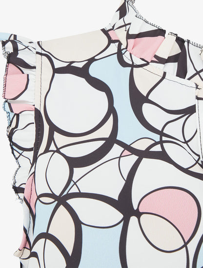 Top satiné sans manches motif abstrait et volants - Blanc - 3