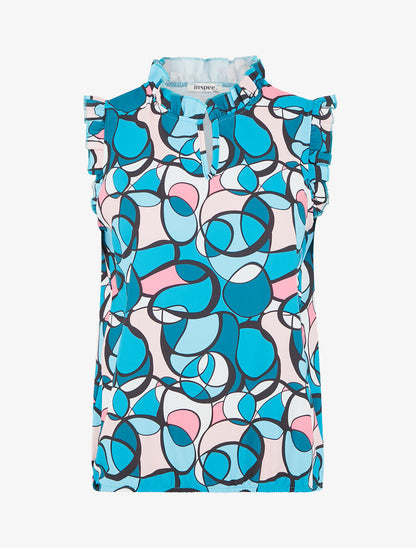 Top satiné sans manches motif abstrait et volants - Bleu canard - 1