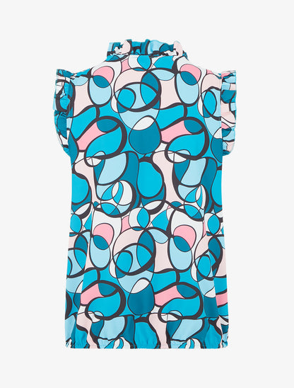 Top satiné sans manches motif abstrait et volants - Bleu canard - 2