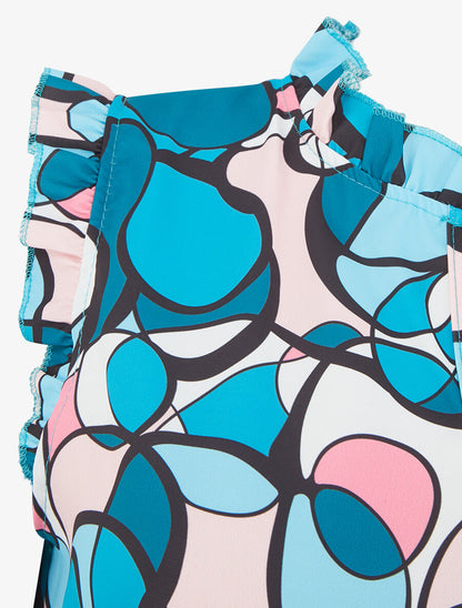 Top satiné sans manches motif abstrait et volants - Bleu canard - 3